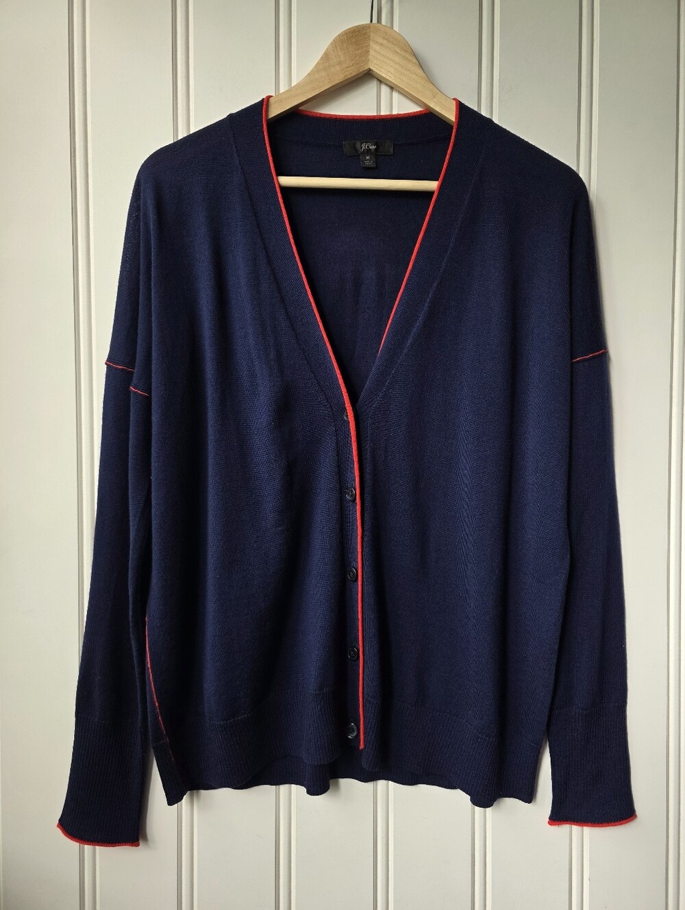 J Crew Merino Wool V Neck Button Cardigan Blue Red Womens Medium